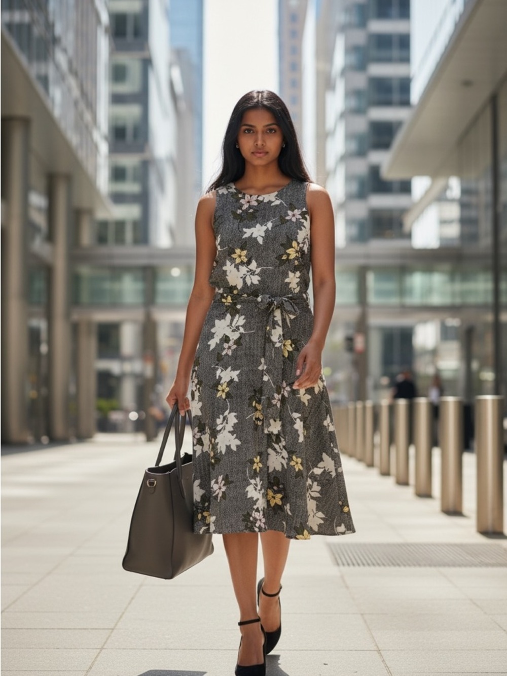 Banana Republic Black Floral Tie-Waist Midi Dress